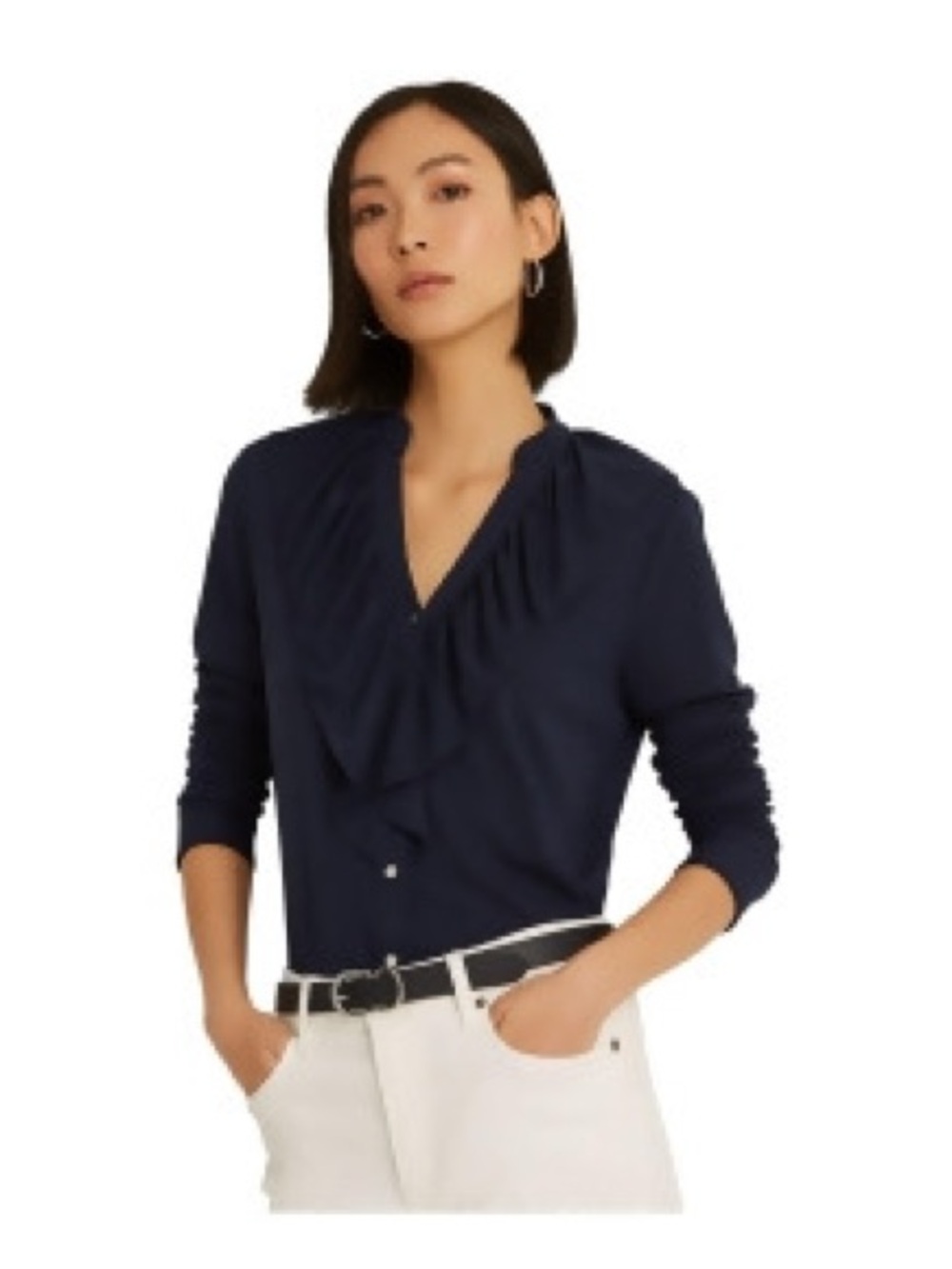 Lauren Ralph Lauren Navy Ruffle V-Neck Long Sleeve Blouse